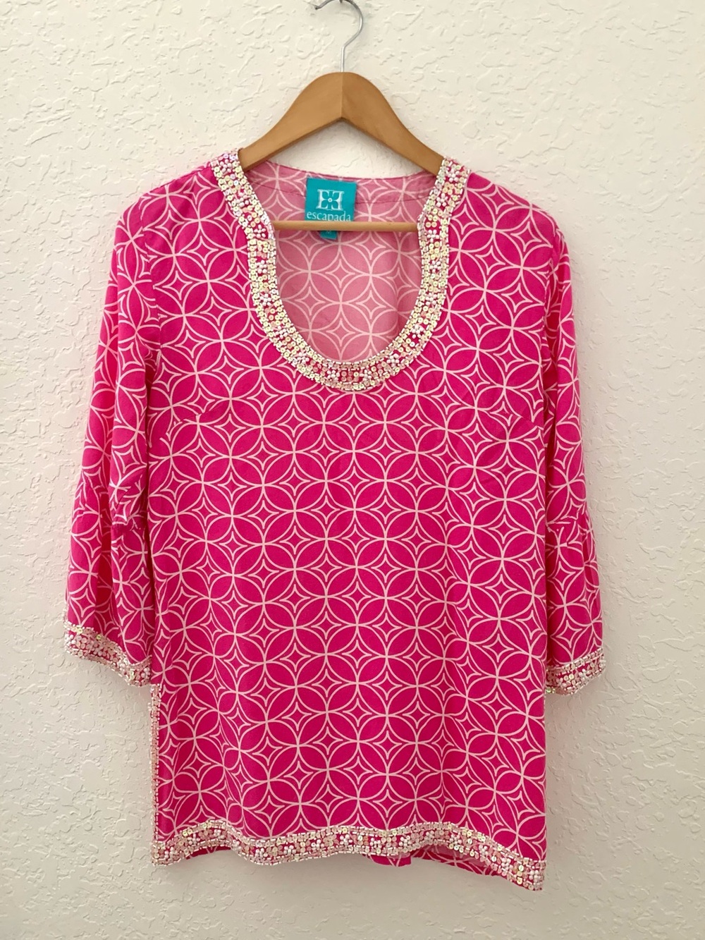 Escapade Pink Patterned Crystal Beaded Embellished Scoop Neck Top